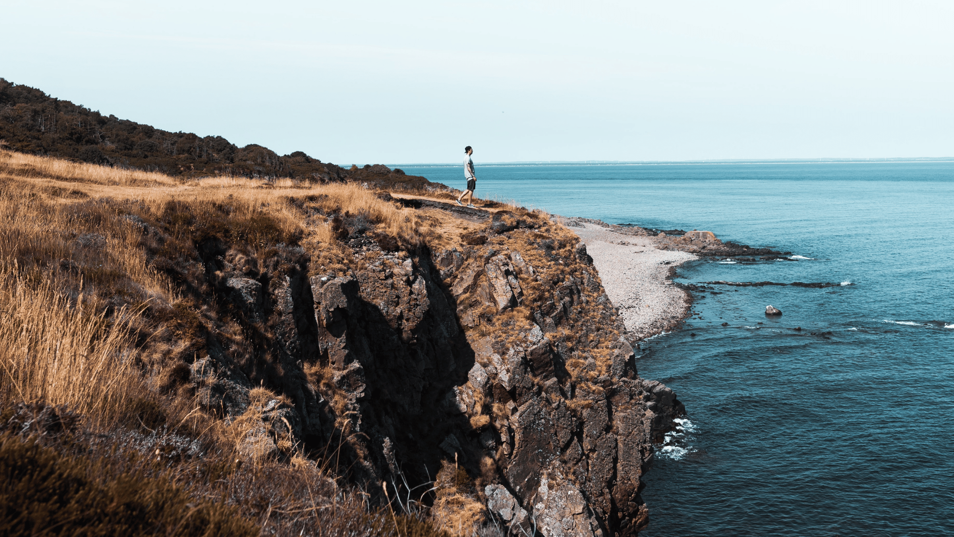A young person is standing on top of a steep cliff overlooking the ocean between Sweden and Denmark.